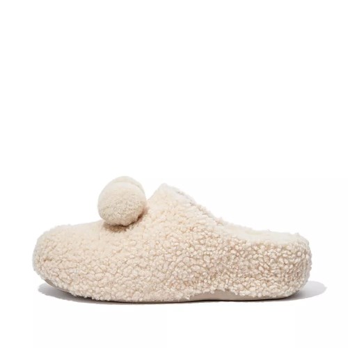 Fitflop SHUV Pom-Pom Shearling Clog Tøfler Dame Pisket Krem | 346128-I