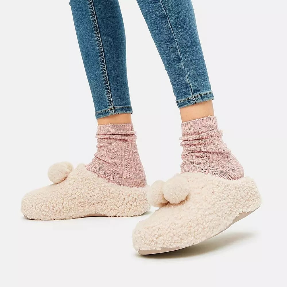 Fitflop SHUV Pom-Pom Shearling Clog Tøfler Dame Pisket Krem | 346128-I