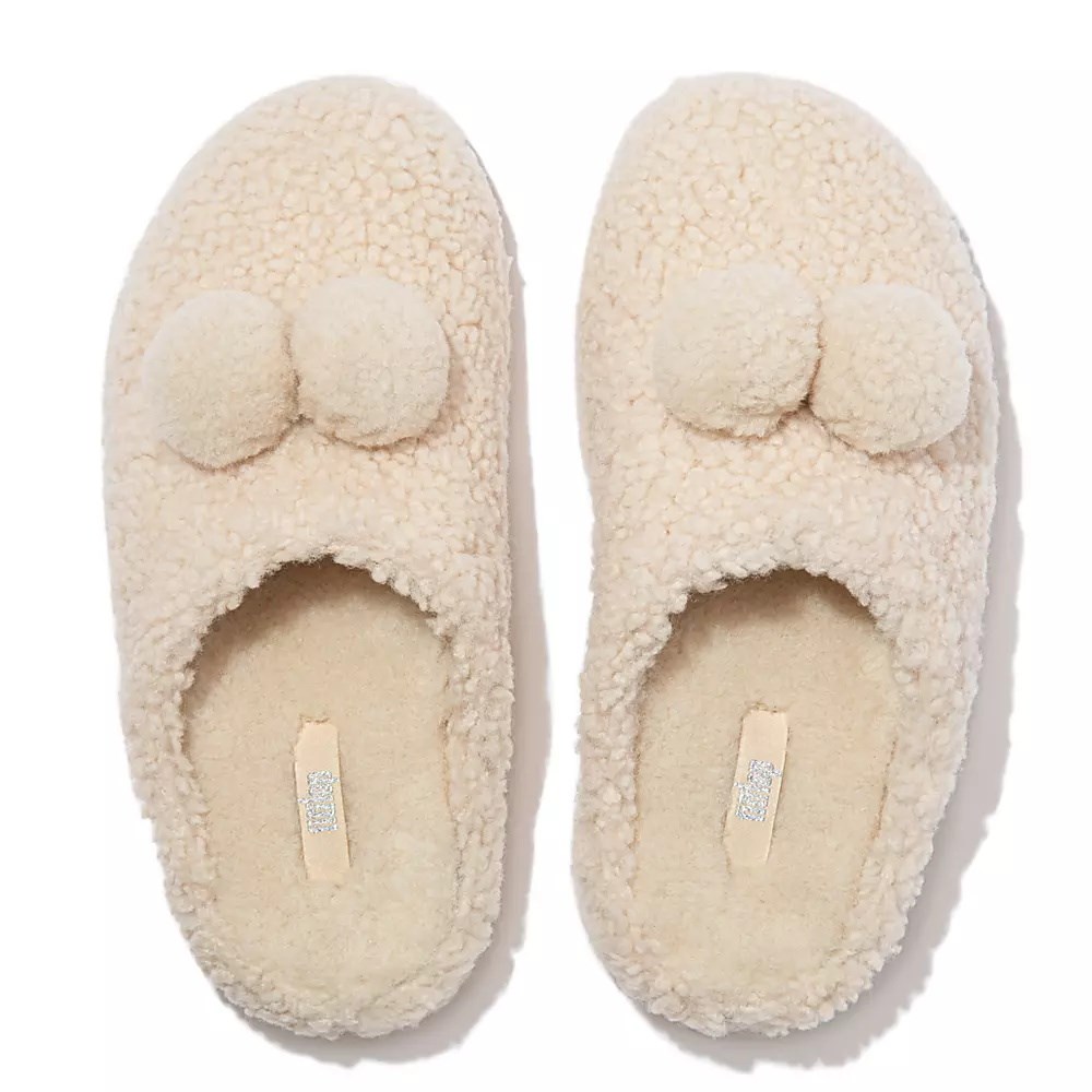 Fitflop SHUV Pom-Pom Shearling Clog Tøfler Dame Pisket Krem | 346128-I