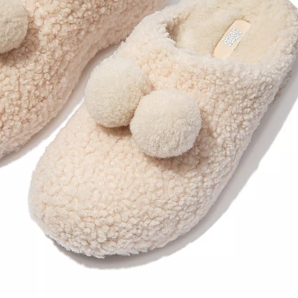 Fitflop SHUV Pom-Pom Shearling Clog Tøfler Dame Pisket Krem | 346128-I